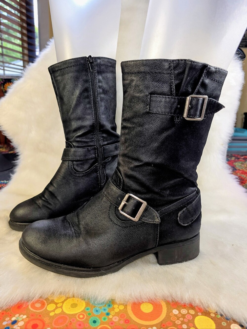 Relativity Re-Harlick Black Vegan Leather Mid-Calf Buckle & Zip Moto Boots